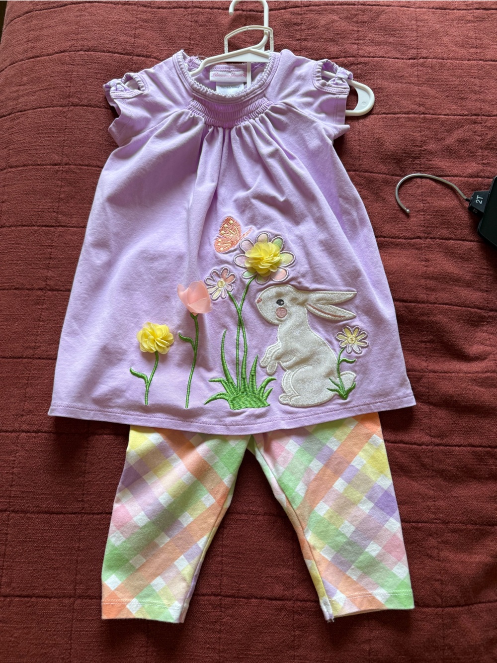 Bonnie Jean Lavender Bunny & Flower Tunic with Pastel Plaid Leggings